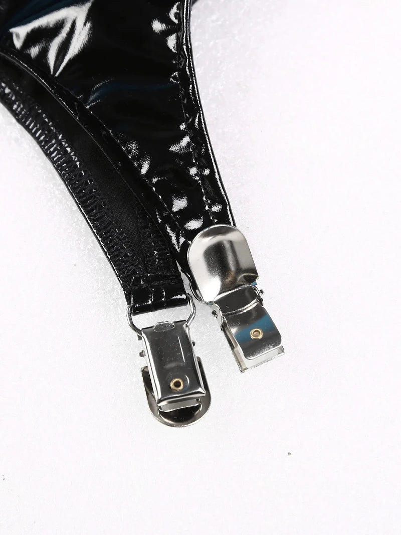 Vilemo | Sexy faux leather bodysuit with zipper, sleeveless and latex clubwear outfit for women