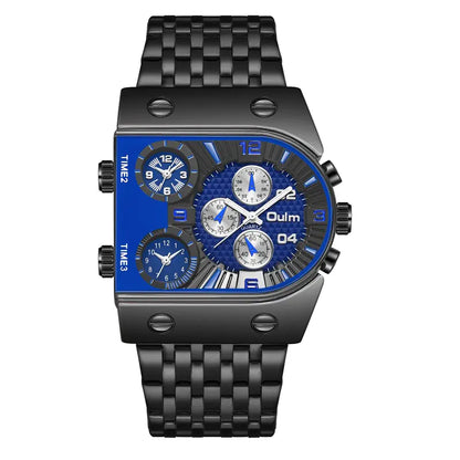 Oulm Men's Watch 3 Time Zones Leather Strap Sporty