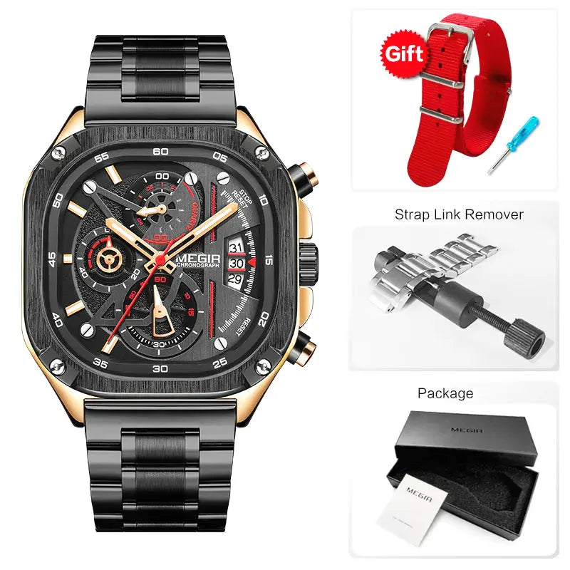 Montre MEGIR homme chronographe cadran carré acier inoxydable