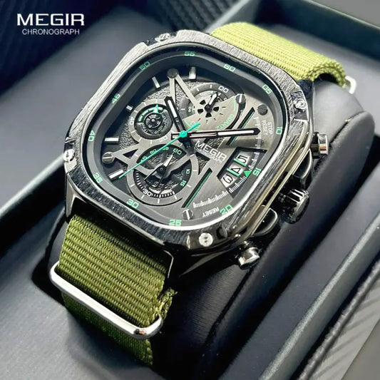 MEGIR Men's Watch Quartz Chronograph Square Dial Stainless Steel