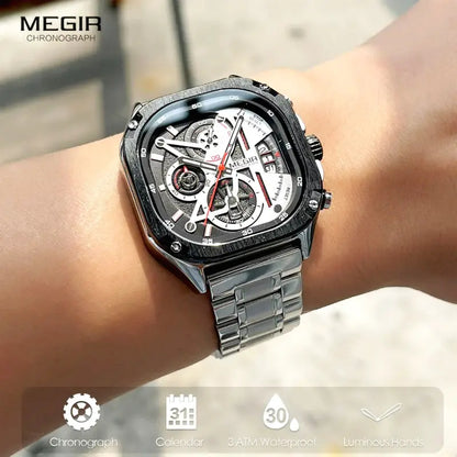 Montre MEGIR homme chronographe cadran carré acier inoxydable