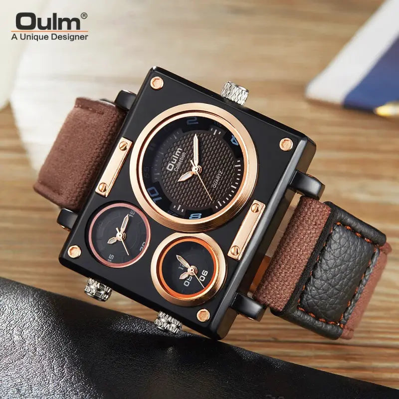 Oulm 3595 Men’s Watch 3 Time Zones Big Dial Fashion