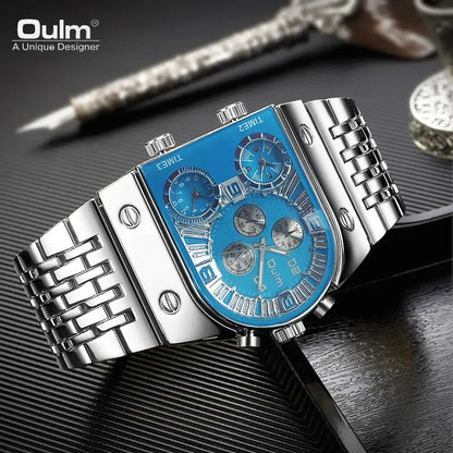 Oulm Men's Watch 3 Time Zones Leather Strap Sporty