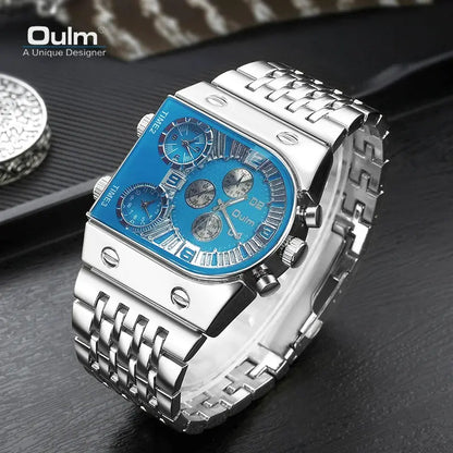 Oulm Men's Watch 3 Time Zones Leather Strap Sporty