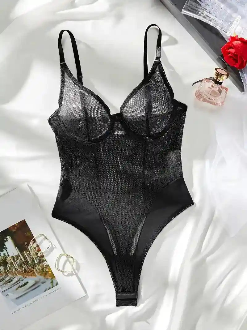 Sexy black backless V-neck lingerie bodysuit, elegant and sensual for evenings vilemo