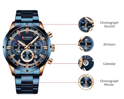 Reloj CURREN Hombre Azul Impermeable Acero de Lujo