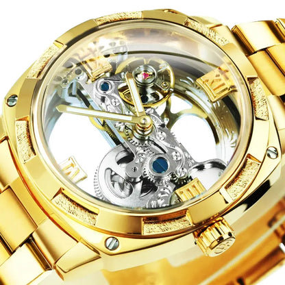 Forsining Tourbillon Watch, orologio automatico con stile Single Bridge e acciaio dorato di lusso