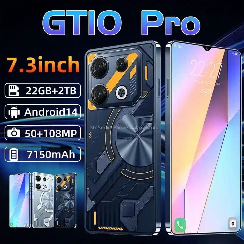 GT10 Pro 5G smartphone con display 7.3 HD, fotocamera 108MP, Dual SIM e batteria 7150mAh.