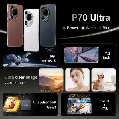 P70 Ultra 5G Smartphone avec écran 7.3 pouces, 16GB RAM, 1TB de stockage, Dual SIM, Android, batterie de 8000mAh