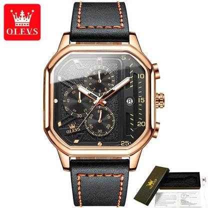 Orologio OLEVS 9950 uomo quadrato, impermeabile, con cinturino in vera pelle e funzione calendario luminoso.