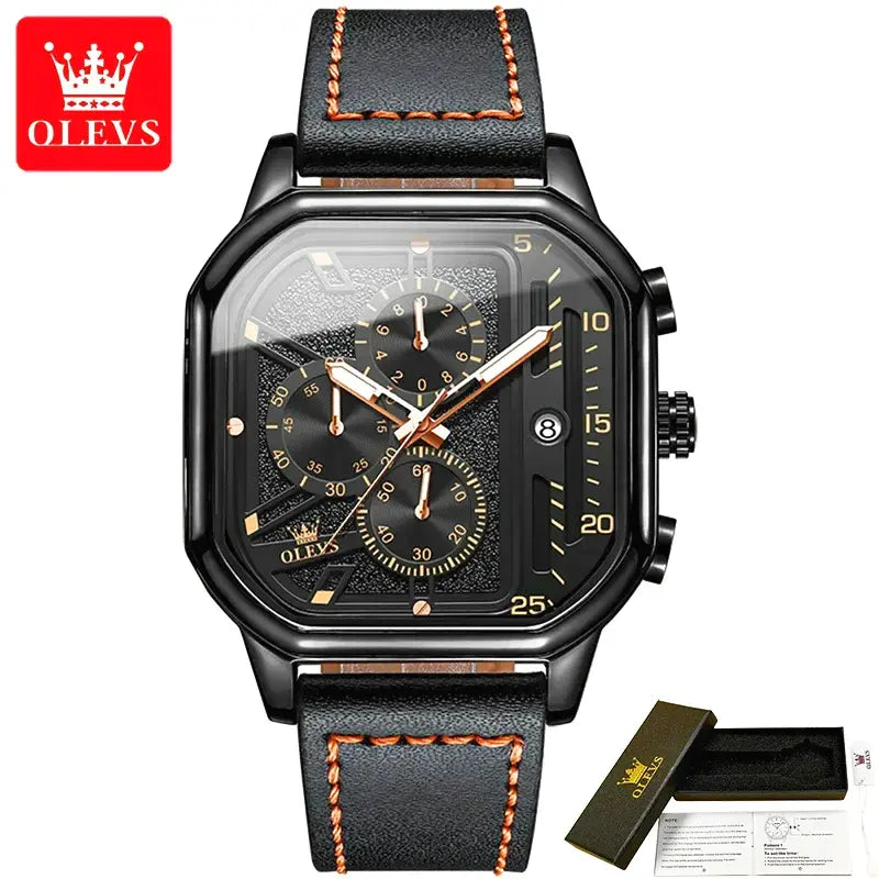 Orologio OLEVS 9950 uomo quadrato, impermeabile, con cinturino in vera pelle e funzione calendario luminoso.