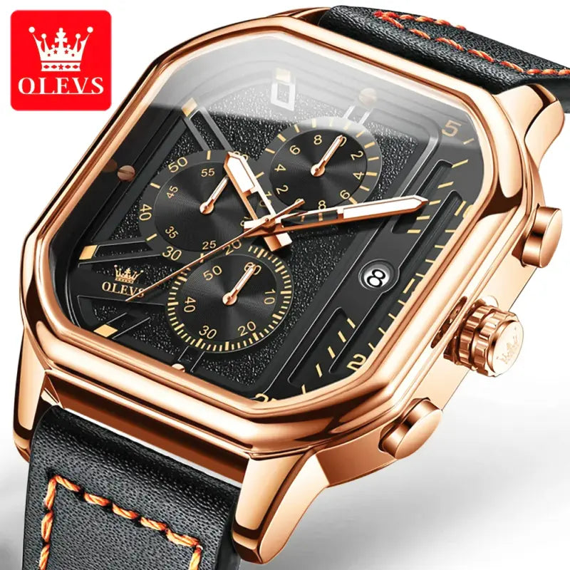 Orologio OLEVS 9950 uomo quadrato, impermeabile, con cinturino in vera pelle e funzione calendario luminoso.