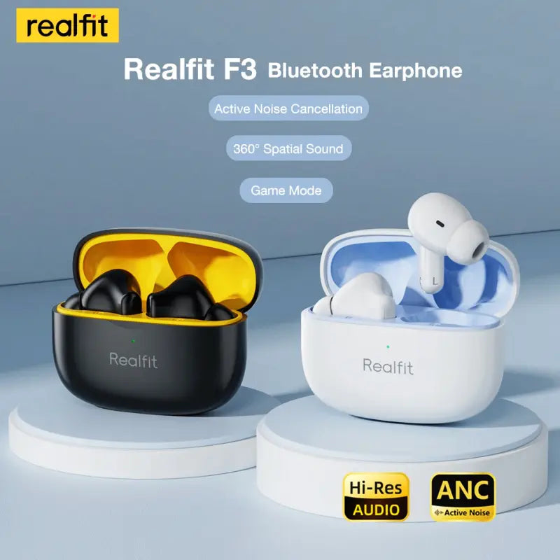 Auricolari Bluetooth Realfit F3 con cancellazione attiva del rumore, suono HIFI, bassi profondi, ideali per sport e gaming.