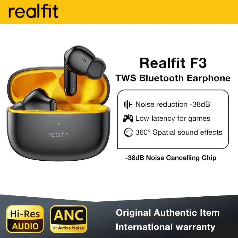 Auricolari Bluetooth Realfit F3 con cancellazione attiva del rumore, suono HIFI, bassi profondi, ideali per sport e gaming.