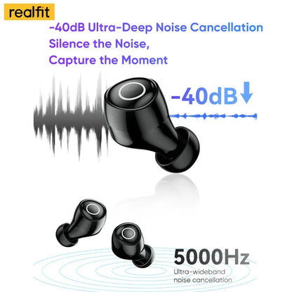 Auricolari wireless Realfit F4 Mini ANC, 40dB riduzione del rumore, bassi HIFI e design confortevole per musica e gaming.