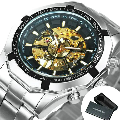 Orologio da uomo WINNER Skeleton con lancette luminose e cinturino in acciaio inox, design meccanico e di lusso.