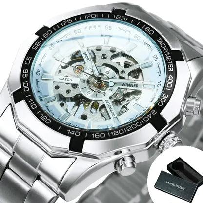 Orologio da uomo WINNER Skeleton con lancette luminose e cinturino in acciaio inox, design meccanico e di lusso.