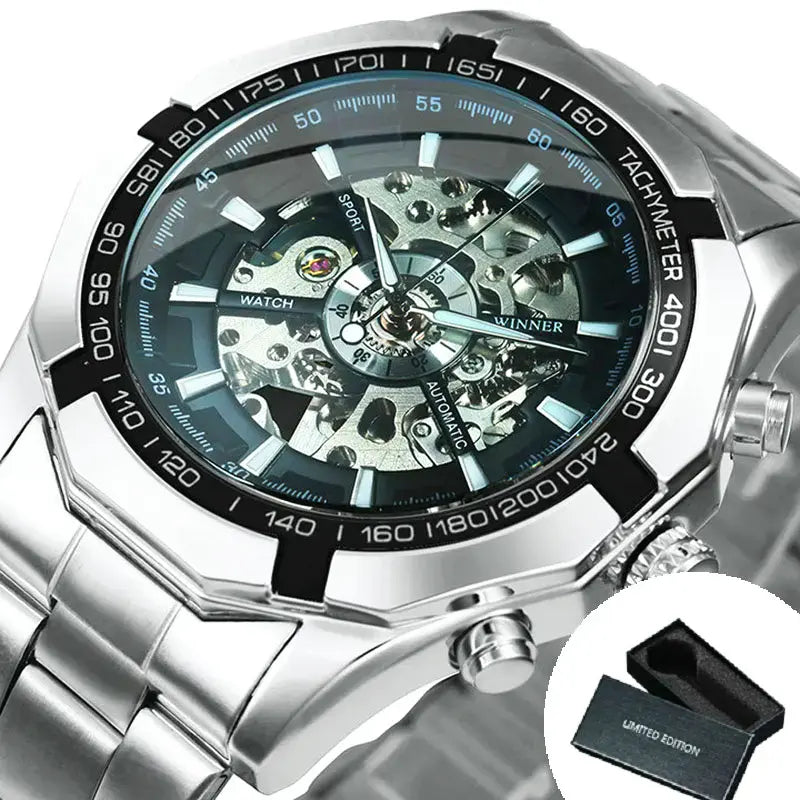 Orologio da uomo WINNER Skeleton con lancette luminose e cinturino in acciaio inox, design meccanico e di lusso.