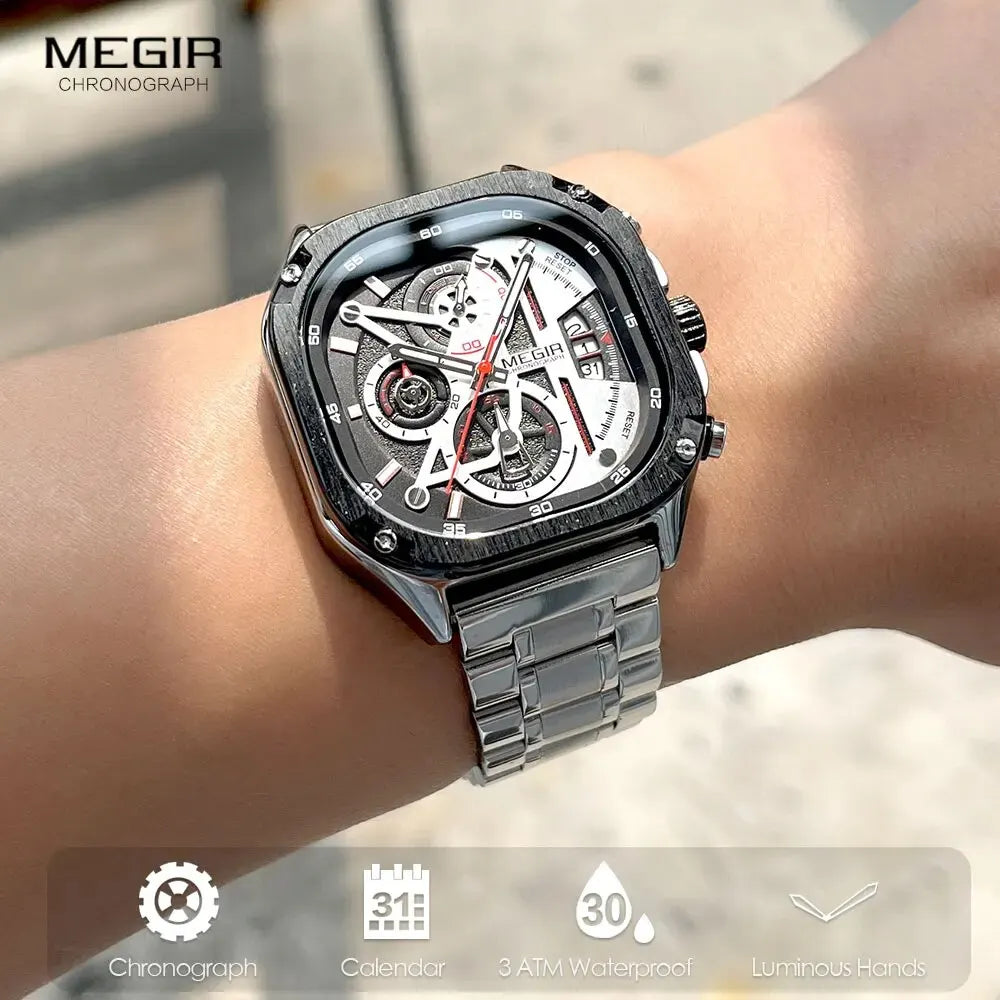 MEGIR waterproof square dial chronograph wristwatch, SUPER OFFER!