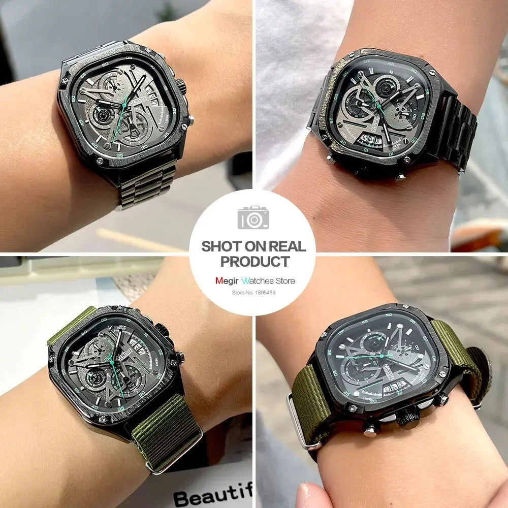 MEGIR waterproof square dial chronograph wristwatch, SUPER OFFER!