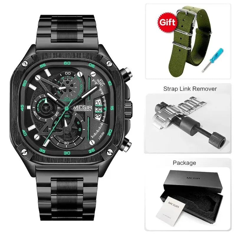 MEGIR waterproof square dial chronograph wristwatch, SUPER OFFER!