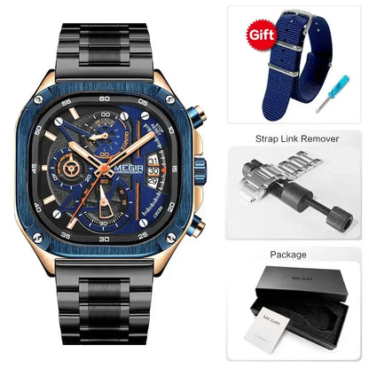 MEGIR waterproof square dial chronograph wristwatch, SUPER OFFER!