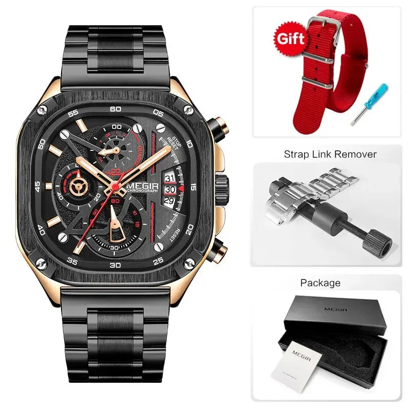 MEGIR waterproof square dial chronograph wristwatch, SUPER OFFER!