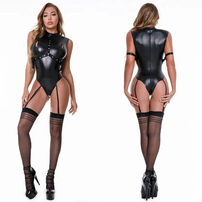 Sexy faux leather catsuit with garter and body, stretch erotic lingerie for women | Vilemo