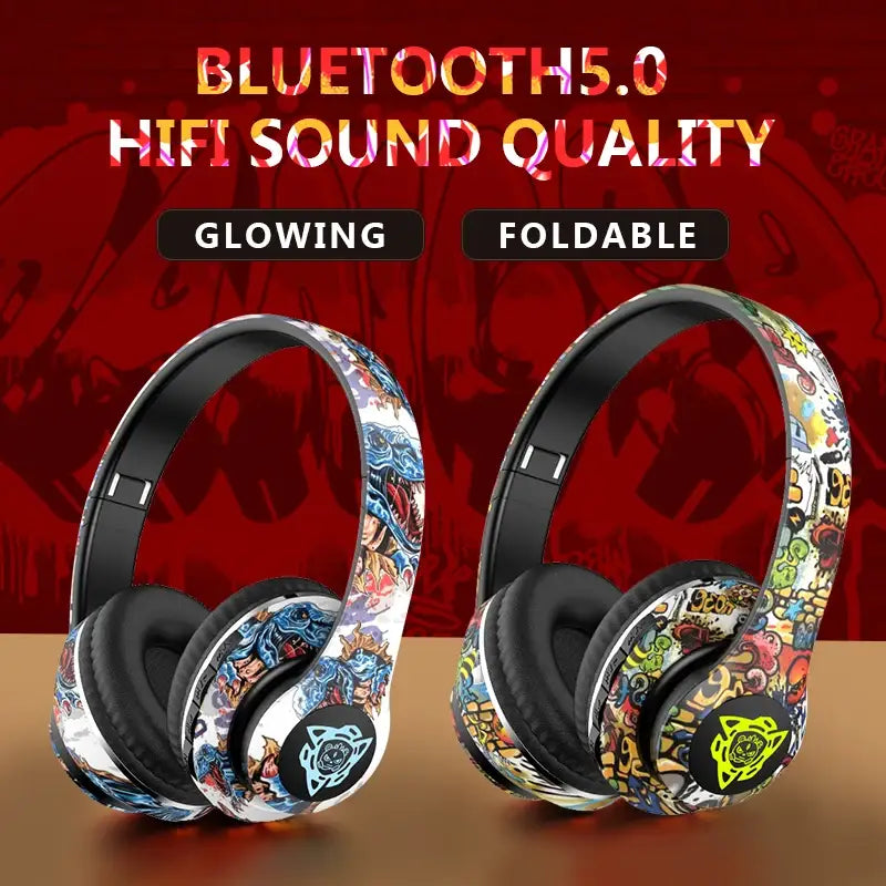 Foldable Bluetooth Headphones with LED Graffiti, Super Bass & HD Mic