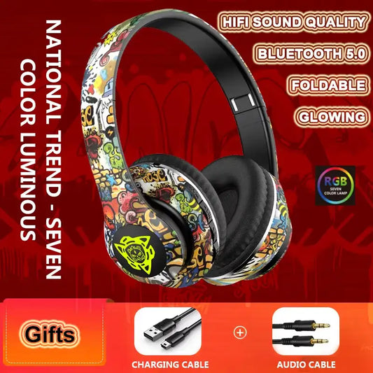 Foldable Bluetooth Headphones with LED Graffiti, Super Bass & HD Mic