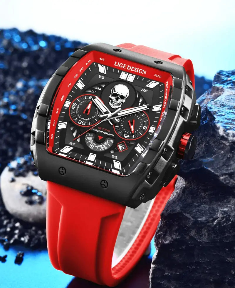 Orologio uomo LIGE brand di lusso, quadrante scheletro e funzioni sportive con cronografo.