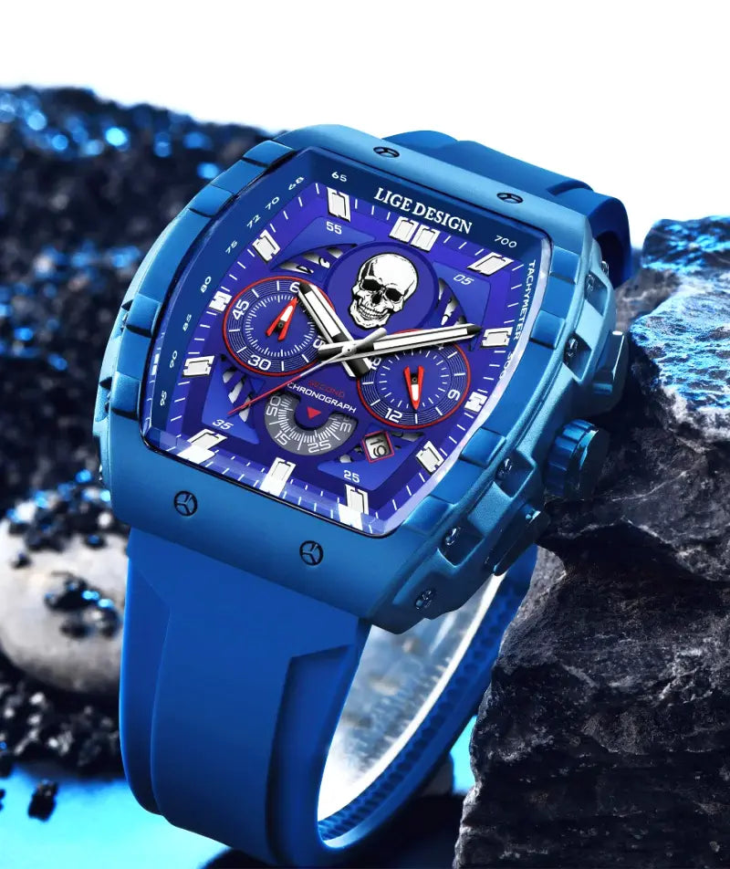 Orologio uomo LIGE brand di lusso, quadrante scheletro e funzioni sportive con cronografo.