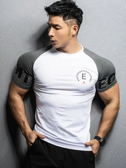 Short sleeve summer gym T-shirt for men, perfect for fitness, bodybuilding, and sports use